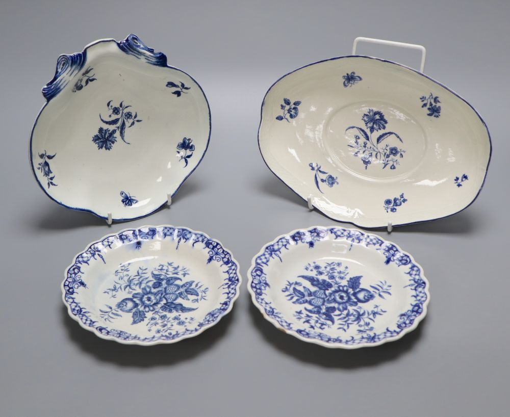 A Worcester Gilliflower pattern dish and stand, 24cm and a pair of Pine Cone pattern plates, 16cm, c.1775,